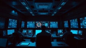 Dimly lit control room with many blue data dashboards on wall and desk screens; three operators monitor the displays.