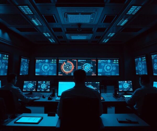 Dimly lit control room with many blue data dashboards on wall and desk screens; three operators monitor the displays.