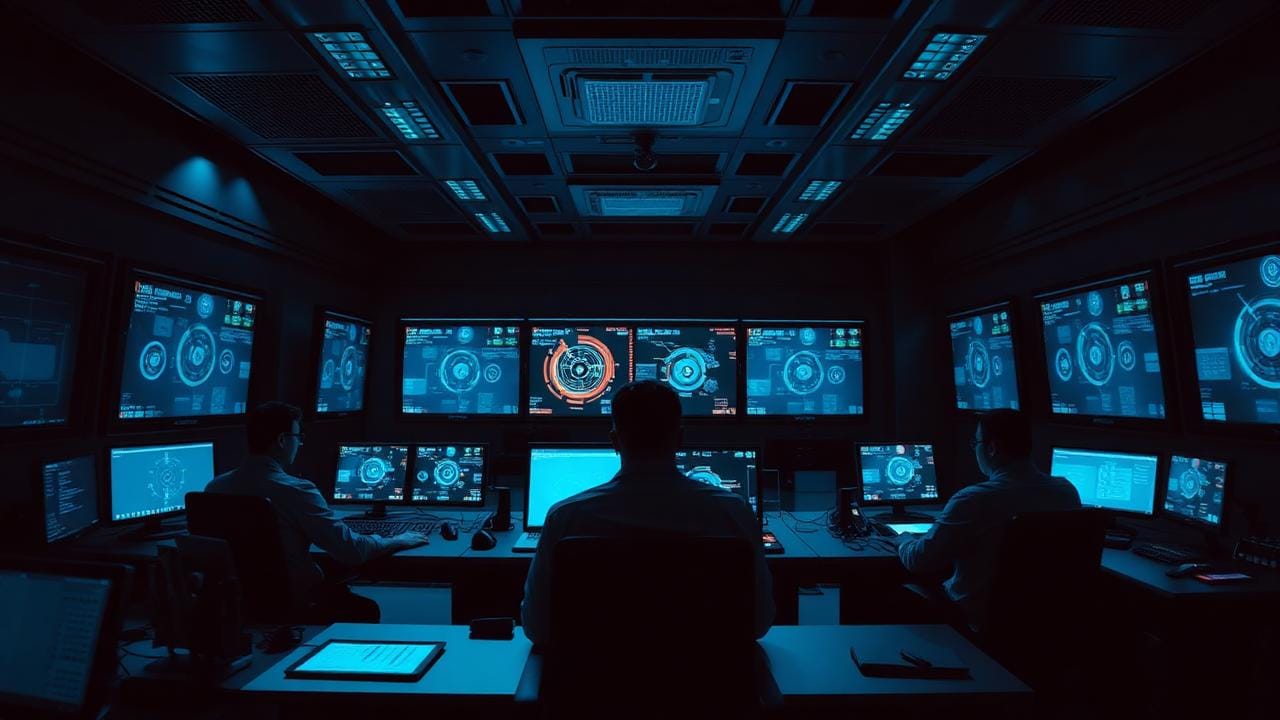 Dimly lit control room with many blue data dashboards on wall and desk screens; three operators monitor the displays.