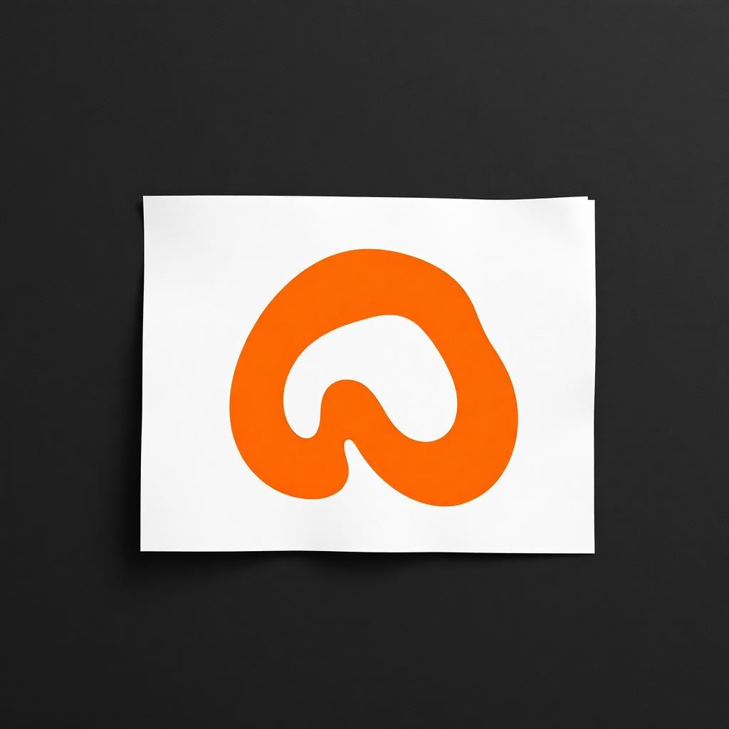 Orange curved abstract loop on a white sheet, set against a dark background to the left.