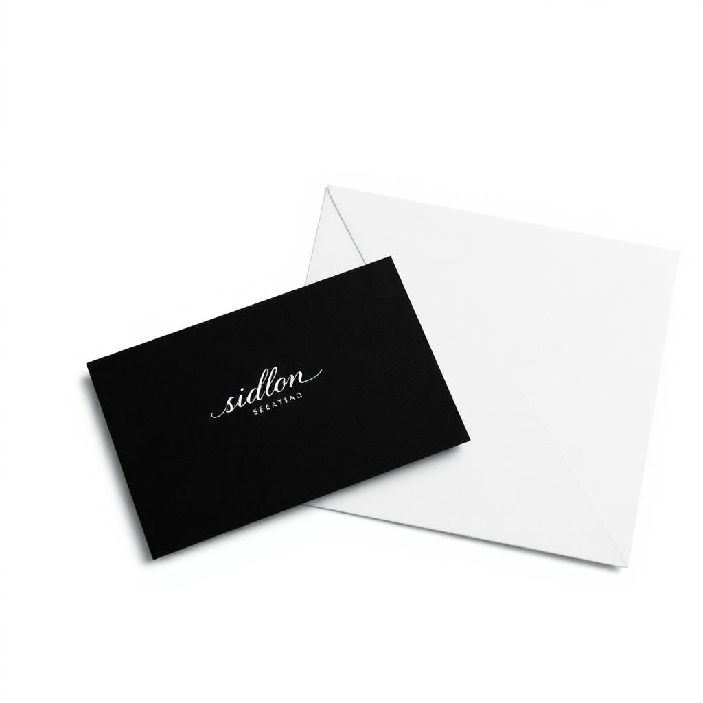 Black business card with a white handwritten-style logo, resting on a white envelope.