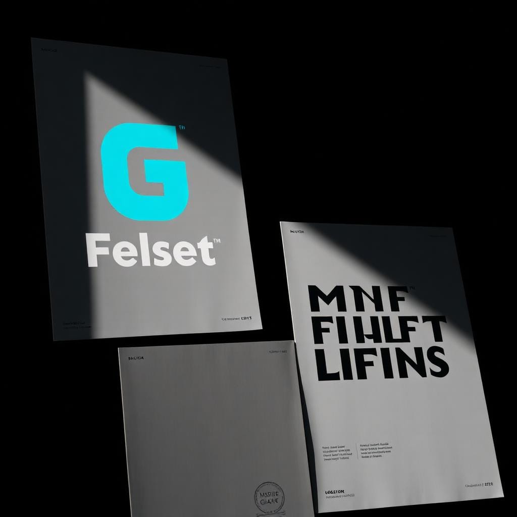 Three tilted posters on a black background; the left poster shows a bright turquoise 'G' with the word 'Feslet' beneath it on a gray panel.