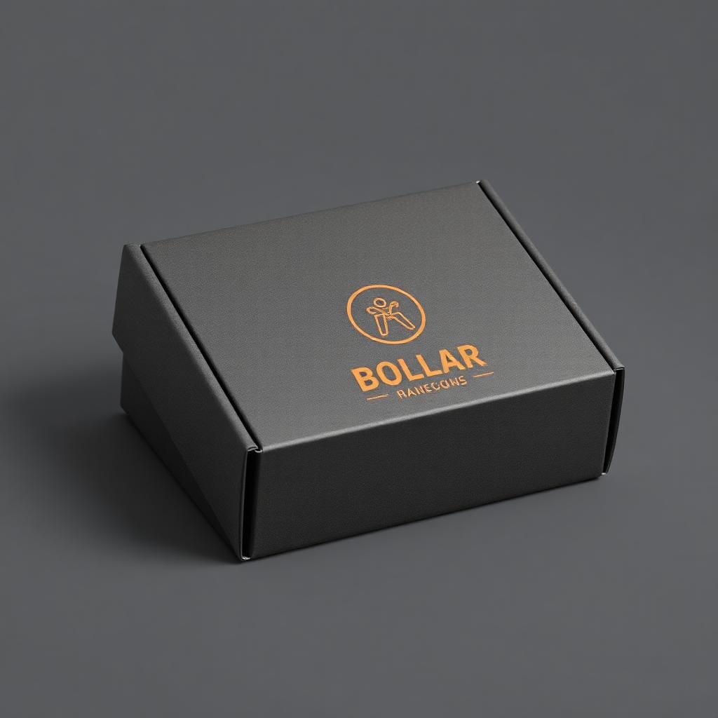 Black cardboard gift box with an orange BOLLAR logo on the lid on a gray background.