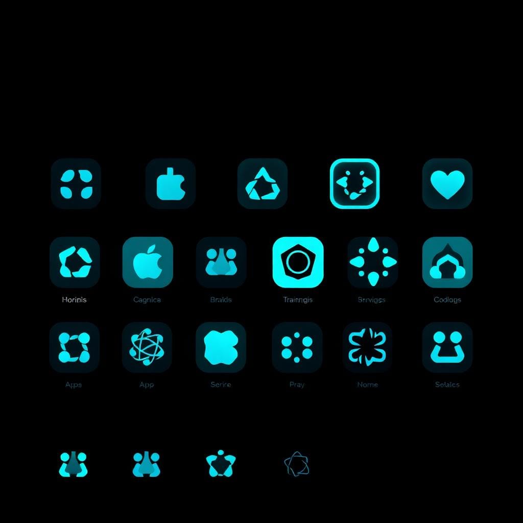 Grid of glowing cyan app icons on a black background.