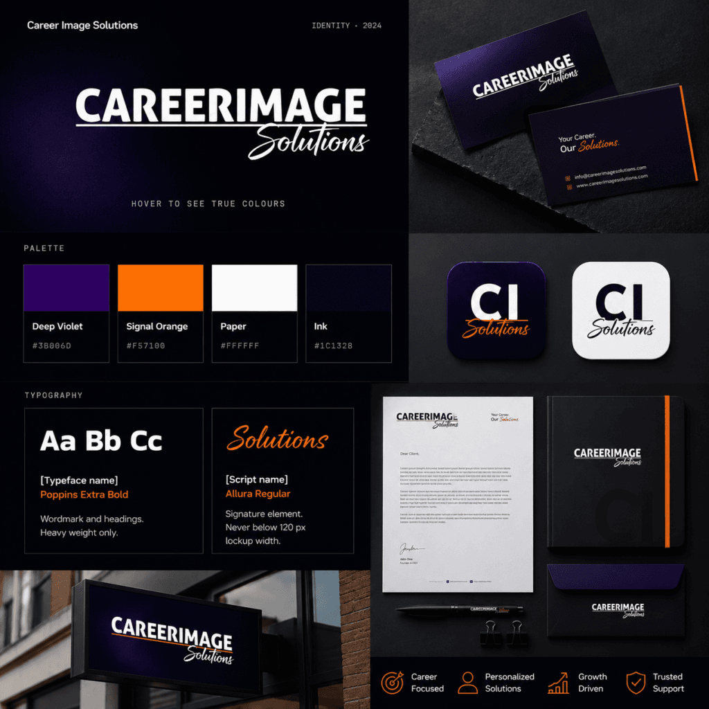 Brand identity board for Career Image Solutions: logo, color palette, typography, and stationery mockups on a dark background.